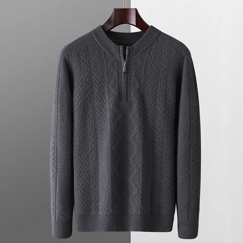 Men's pure wool diamond lattice pattern half-zip loose fit sweater in light camel colour