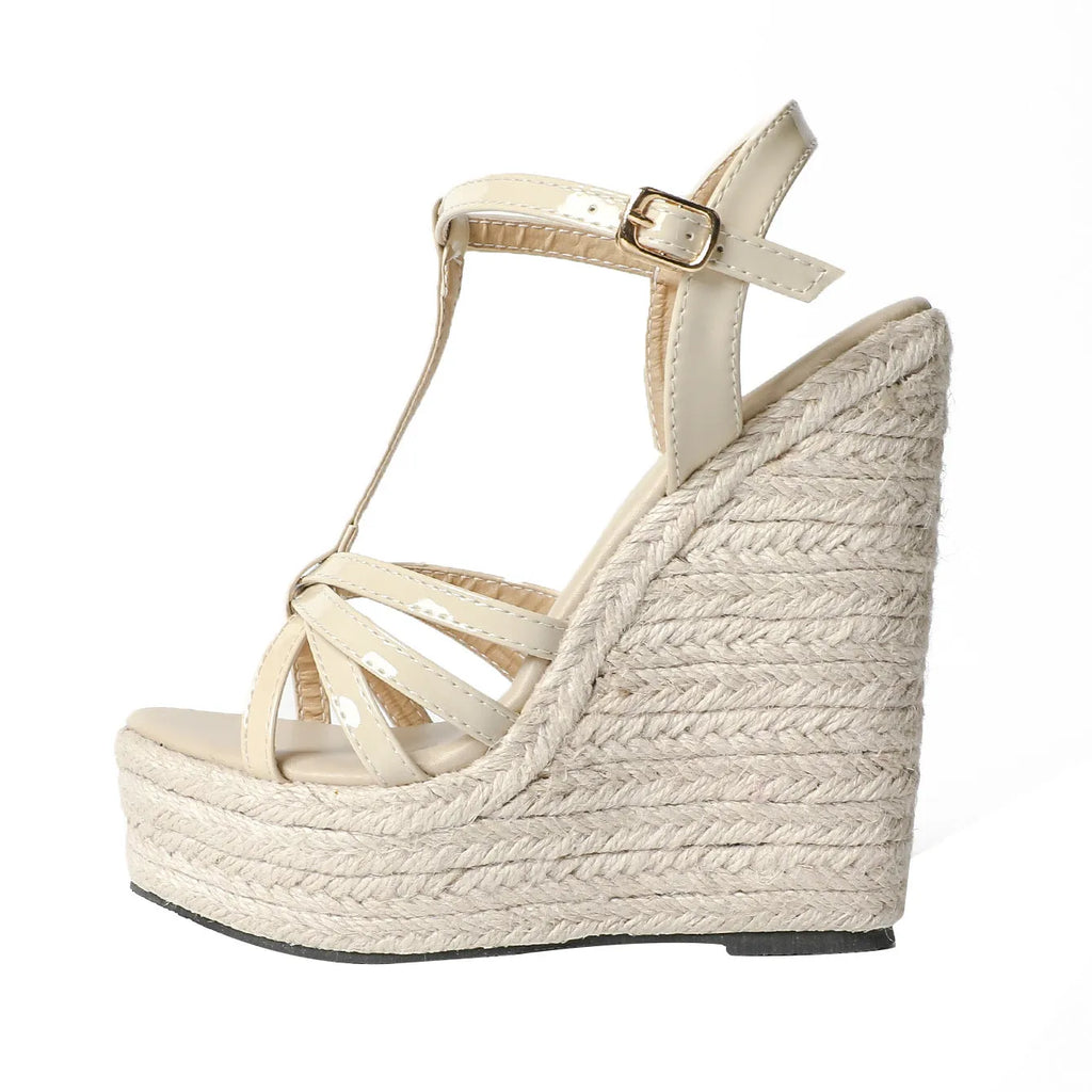 Women's pigskin leather woven wedge platform sandals with hemp rope and buckle fastening in creamy white colour