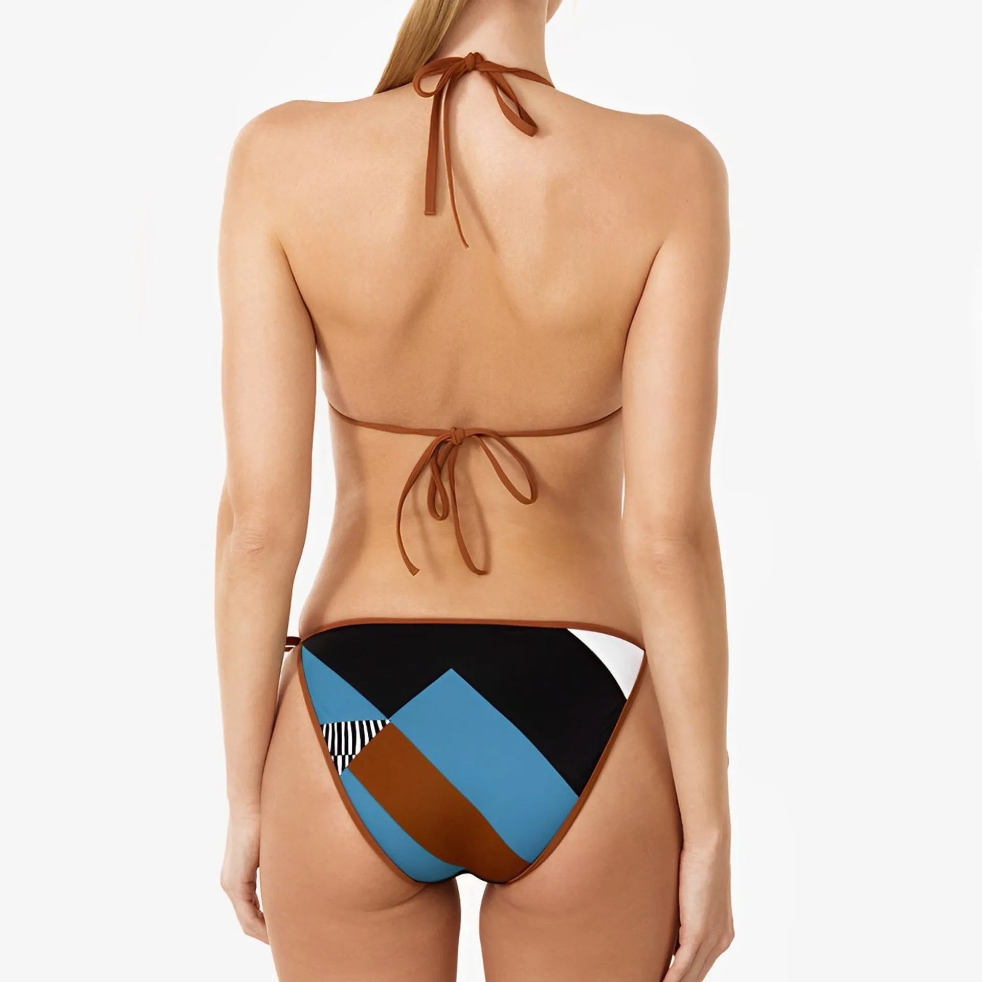 Women's skinny print backless bikini swimsuit set in polyester fabric.