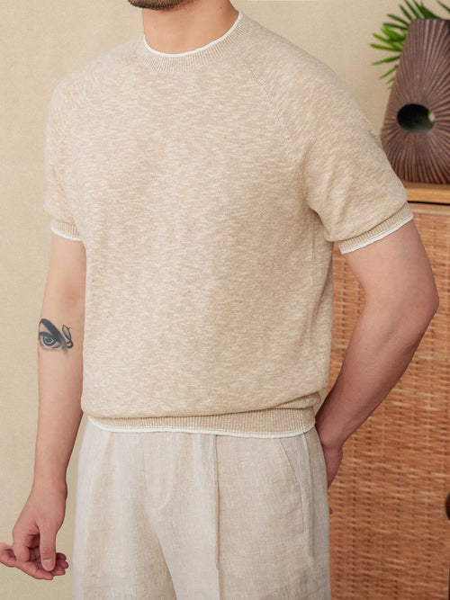 Brown linen cotton casual t-shirt with round neck and short sleeves on hanger