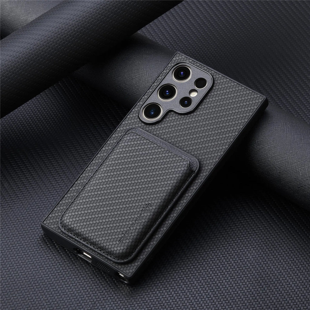 Samsung phone case with two-in-one suction Magsafe card holder in leather finish, black colour, side view