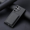 Samsung phone case with two-in-one suction Magsafe card holder in leather finish, black colour, side view