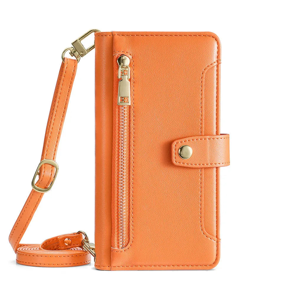 Flip cross-body lanyard phone case with card slot bracket magnetic suction for iPhone Samsung Huawei in black colour