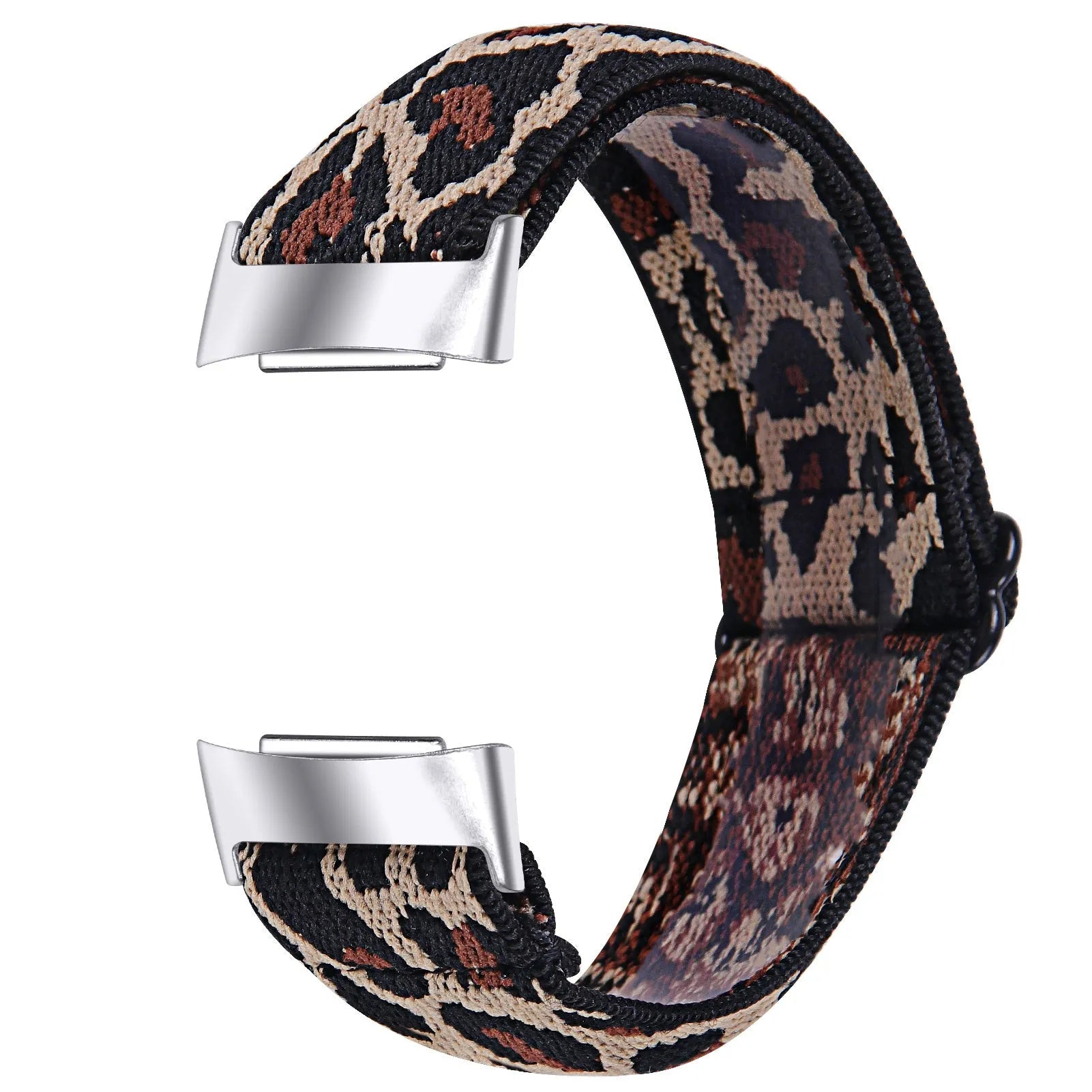 Printed elastic replacement watch strap compatible with Fitbit Charge 6, shown in an adjustable length.