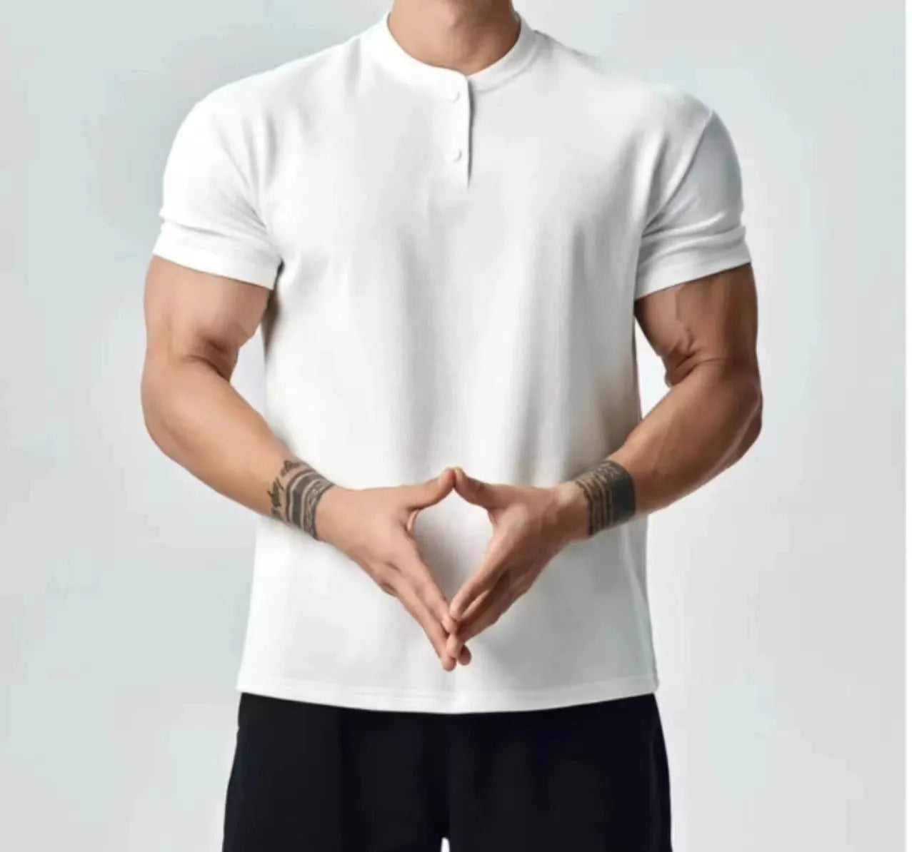 Men's loose fit retro t-shirt in white, black, or grey with choice of Henry or polo collar