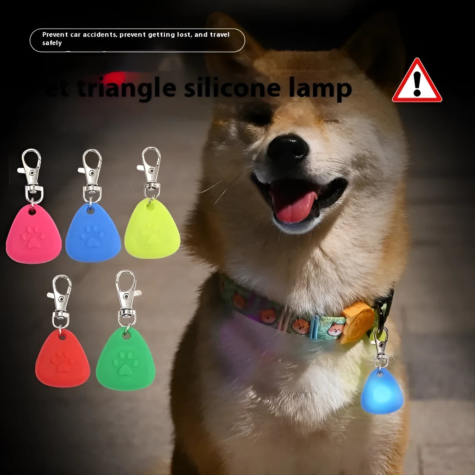 A silicone triangle-shaped pendant ornament for pets, shown in one of five colours: red, pink, blue, green, or yellow.