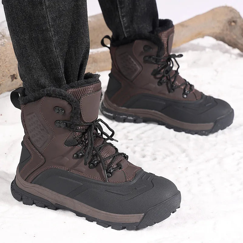 Men's black high-top boots with fleece lining and lace-up front, shown on a ribbed sole.