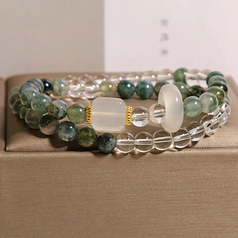 Double circle green grass agate and white agate crystal bracelet with cube sugar cut beads on flexible ring