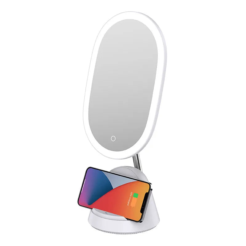 White multifunctional makeup mirror table lamp with UK plug on desktop