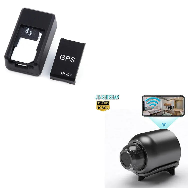 Small black plastic magnetic GPS tracker device next to a USB charging cable.