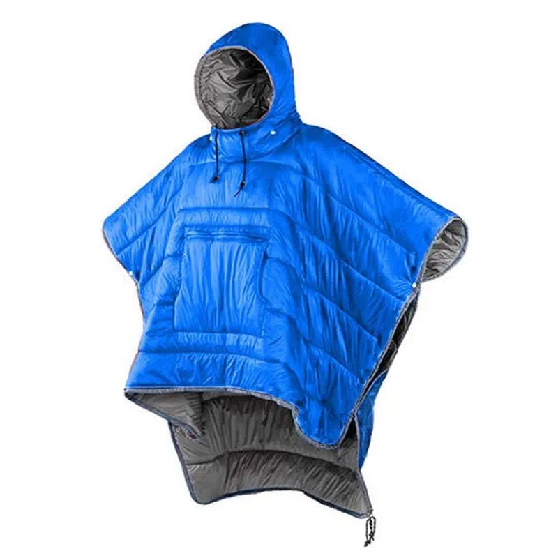 Grey adult outdoor cloak sleeping bag convertible to wearable camping cape with nylon fabric