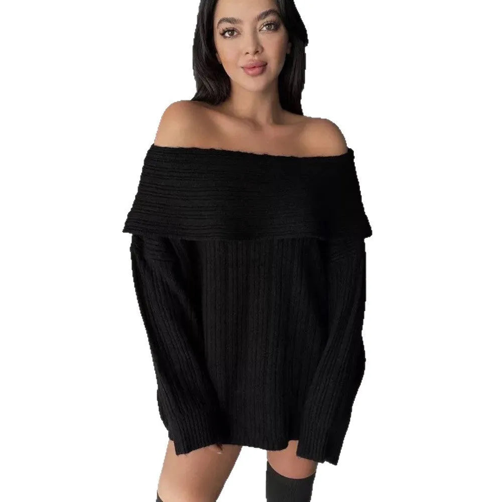 Women's loose off-neck long sleeve pullover sweater in acrylic fabric