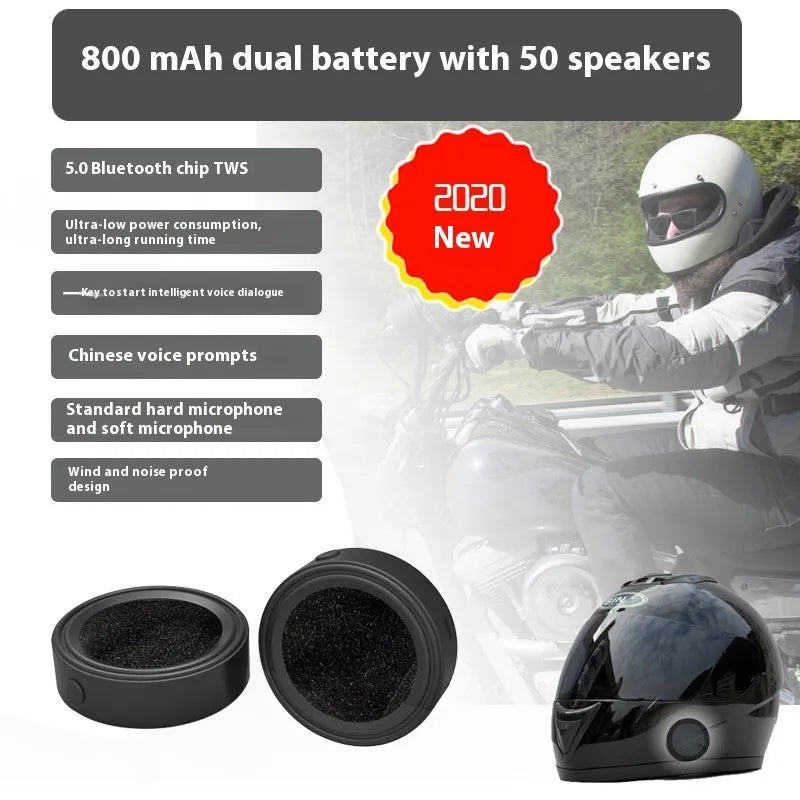 Waterproof Bluetooth helmet headset in black with bilateral stereo and battery display, head-mounted for motorcycle use