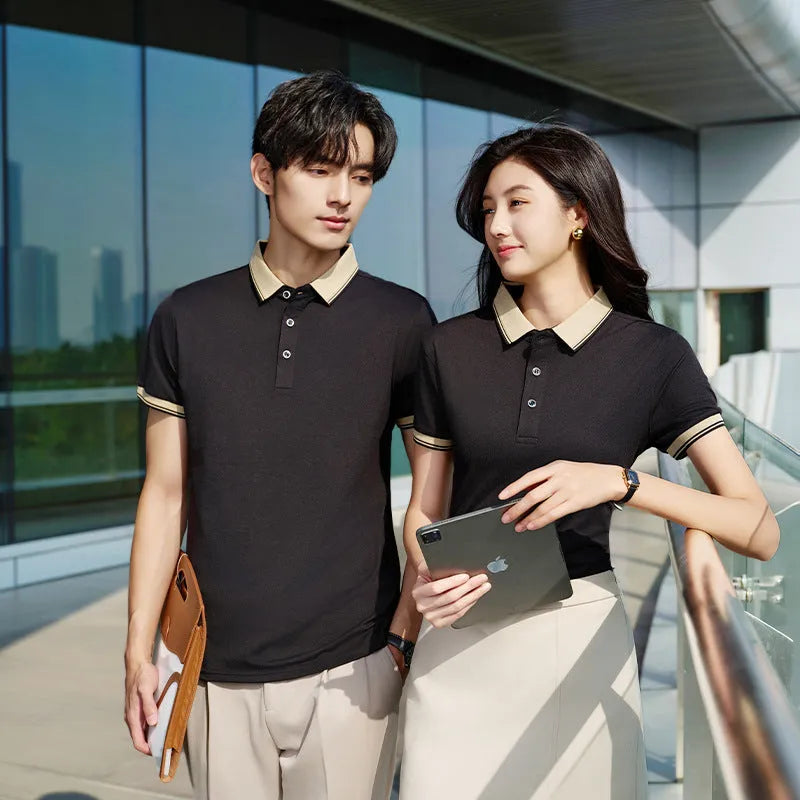 Summer solid colour cotton polo shirt with short sleeves and slit hem, available in multiple colours and sizes