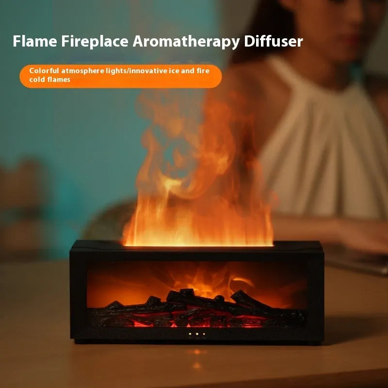 Square desktop flame effect essential oil diffuser with coloured mood lighting and remote control.