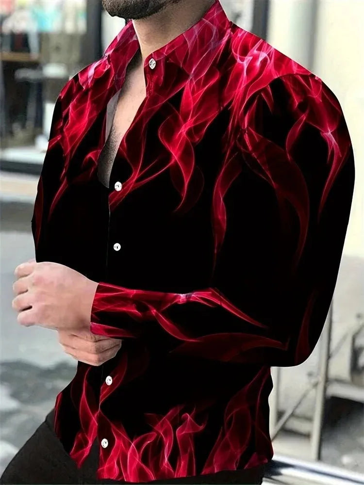 Man wearing a loose-fitting floral print Hawaiian shirt with long sleeves.