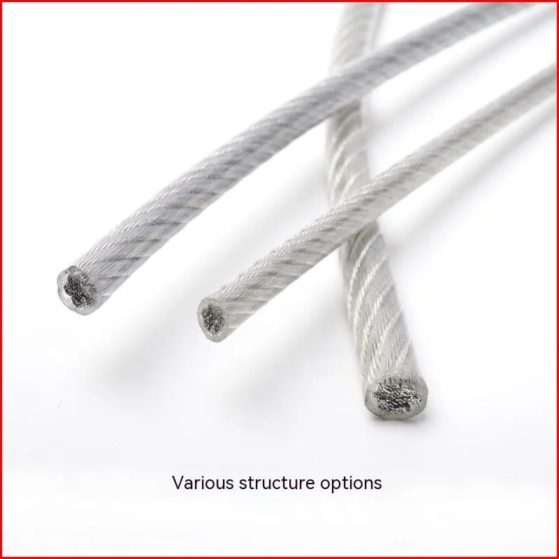 304 stainless steel coated security wire rope on a reel, showing its multi-strand construction and available thickness options.