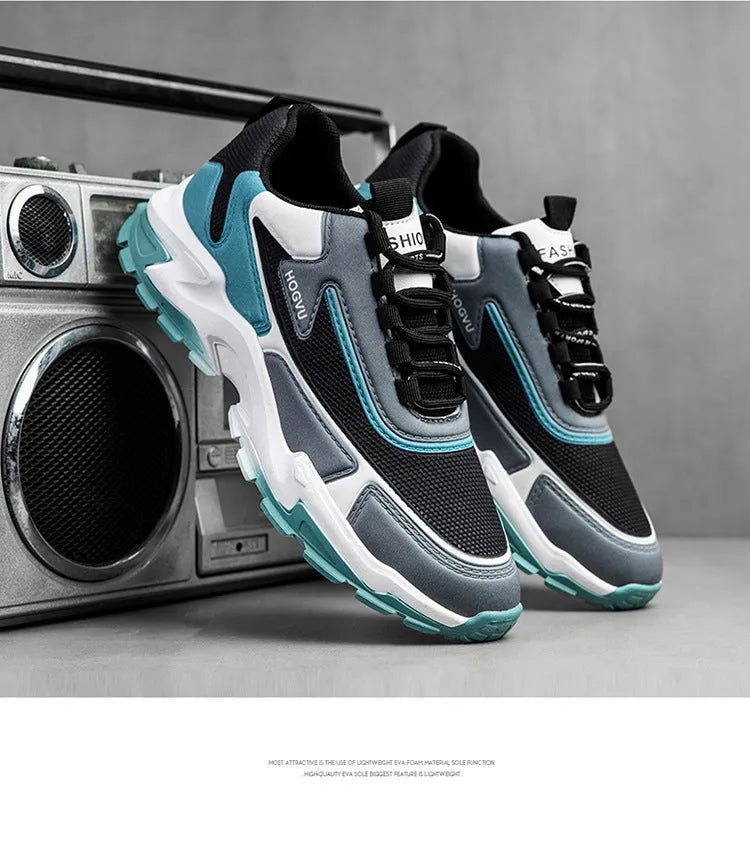 Men's breathable mesh running shoes with injection moulded sole, front lace-up, black and blue colour, size 39-44