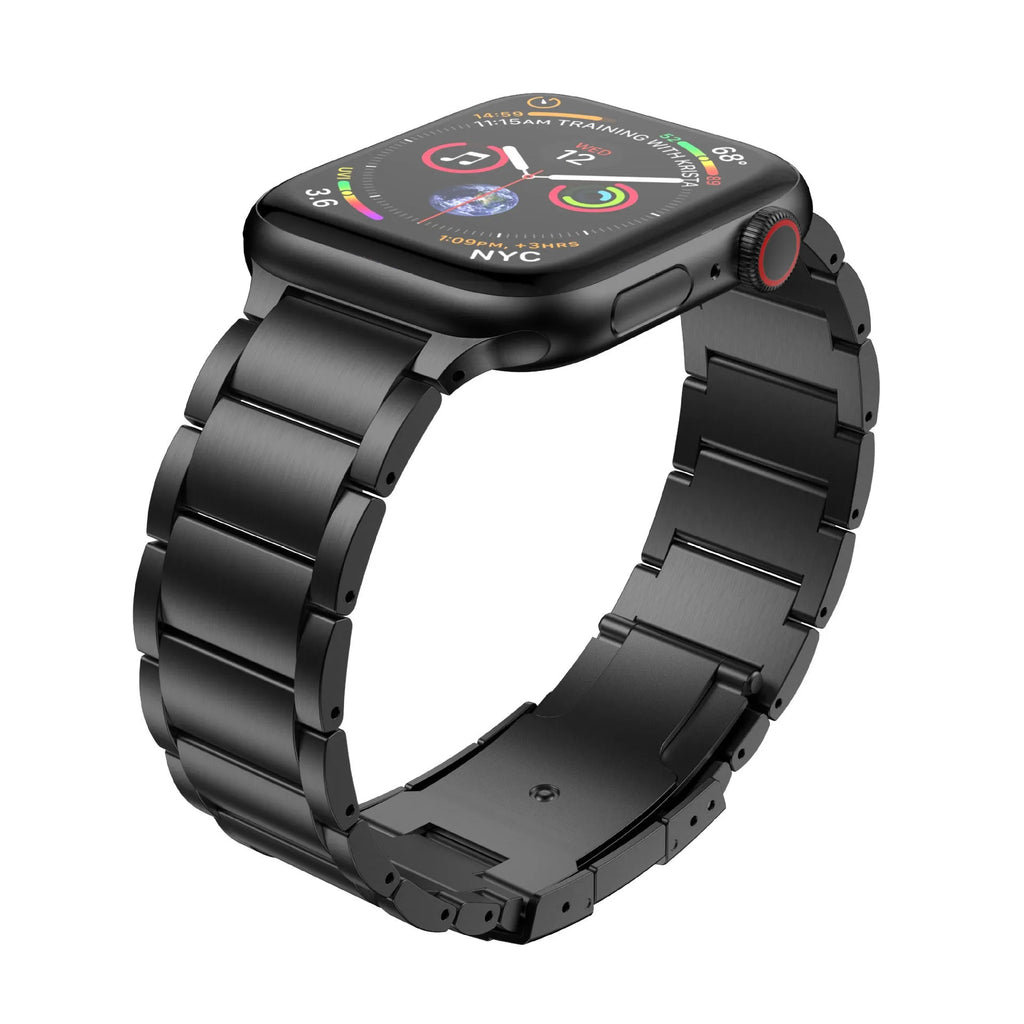 Titanium alloy Apple Watch replacement strap with folding buckle in black or silver