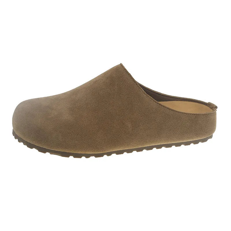 Korean style flat slip-on slippers in apricot colour with microfiber upper and PU sole.