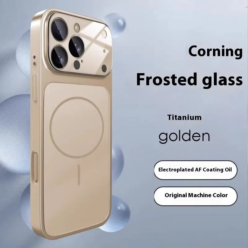 Frosted tempered glass magnetic iPhone case in titanium grey colour on iPhone 15 Pro