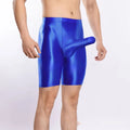 Plus size shiny nylon sports shorts for men in multiple colours on a size chart.