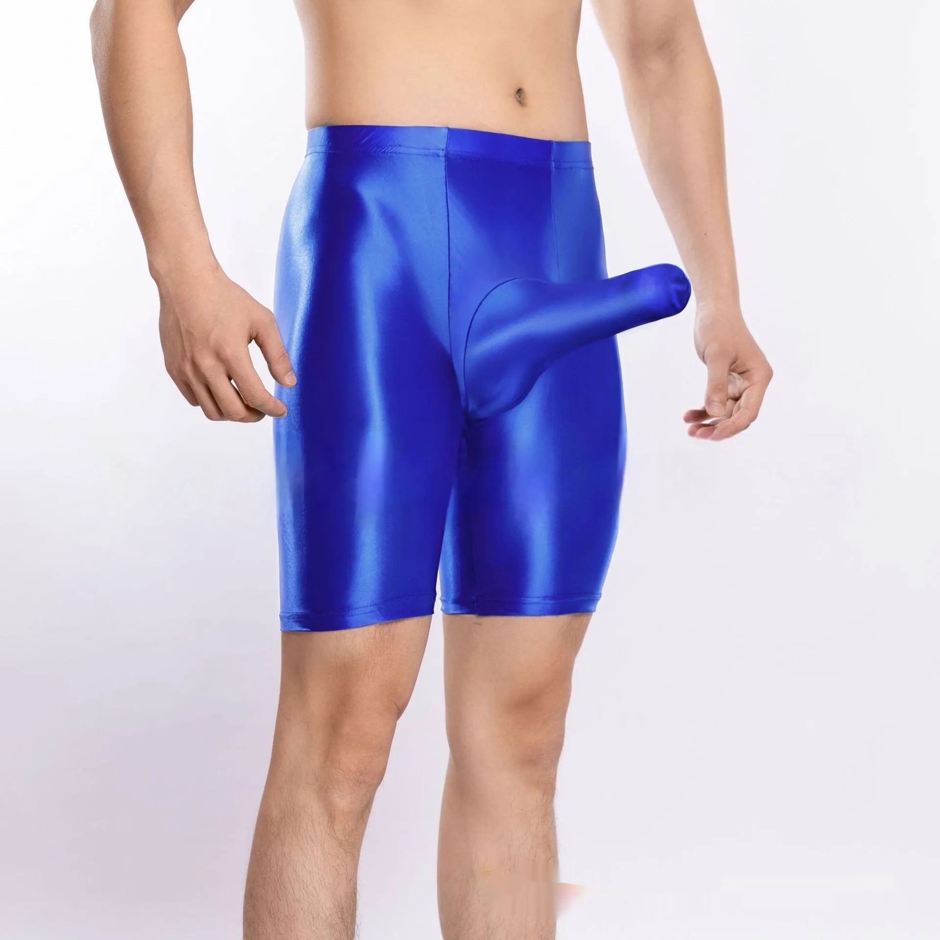 Plus size shiny nylon sports shorts for men in multiple colours on a size chart.