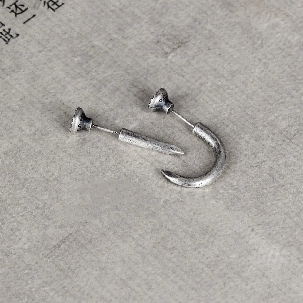 S925 sterling silver punk nail stud earring, straight and curved style options on ear hook.