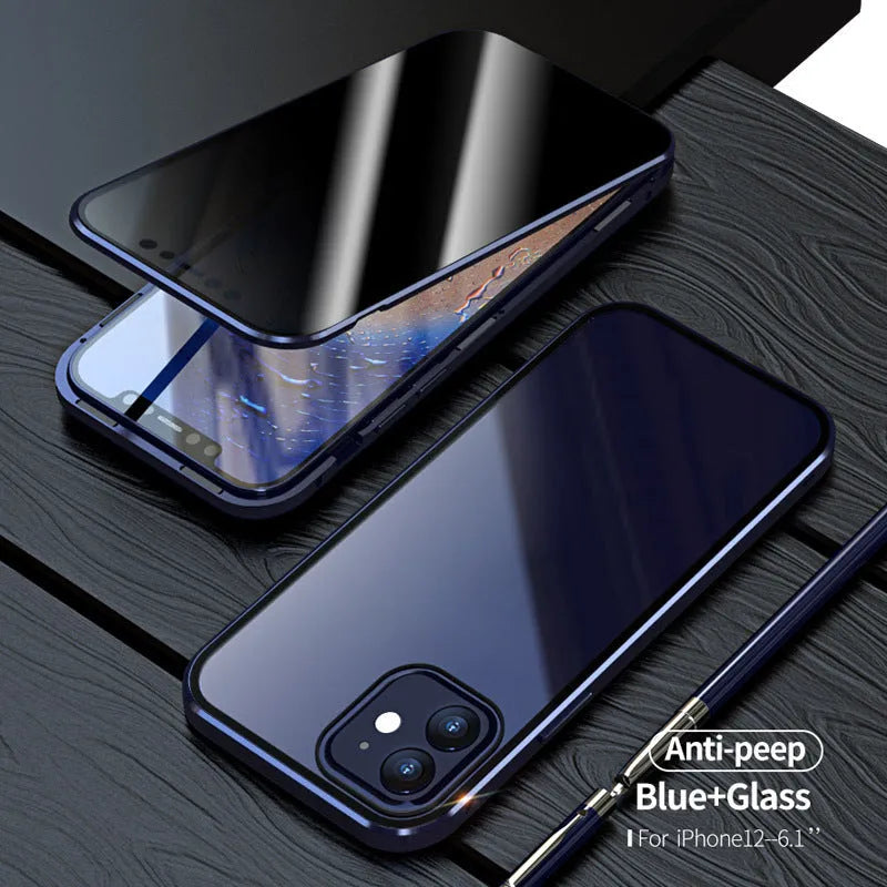 Magnetic privacy glass iPhone case with anti-spy tempered glass screen and metal frame