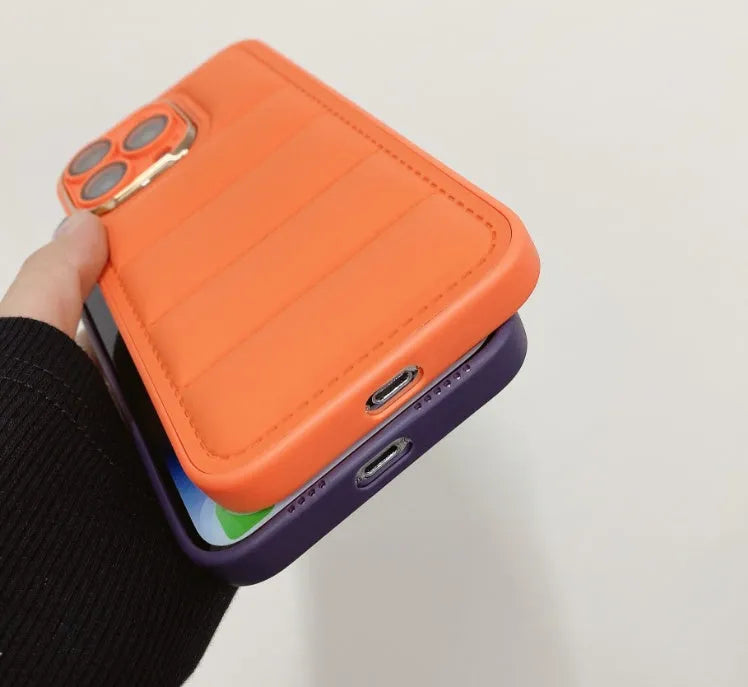 Cotton filled down jacket phone case for Apple iPhone in imitation leather for fall prevention, multiple colours