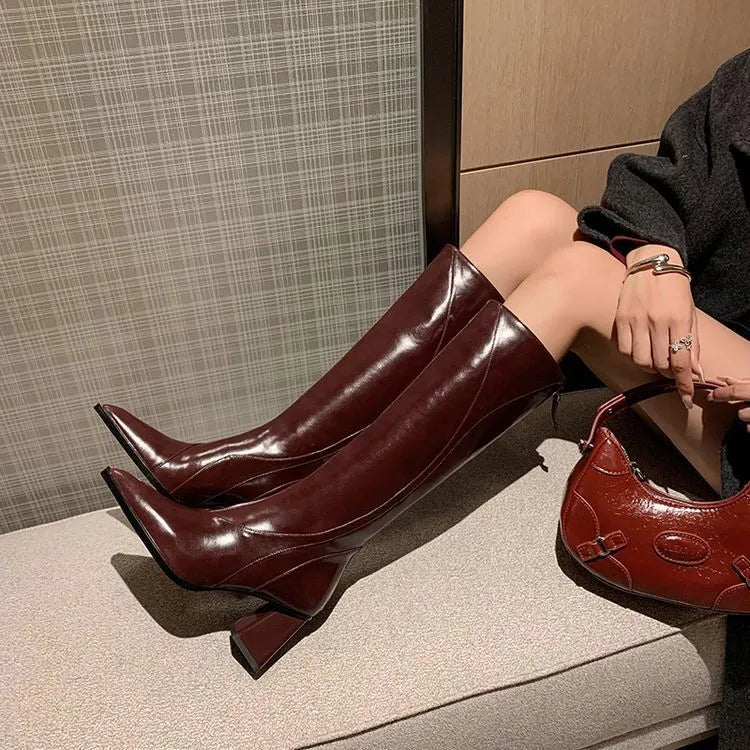 Women's black retro Maillard tube high heel riding boots with waterproof platform