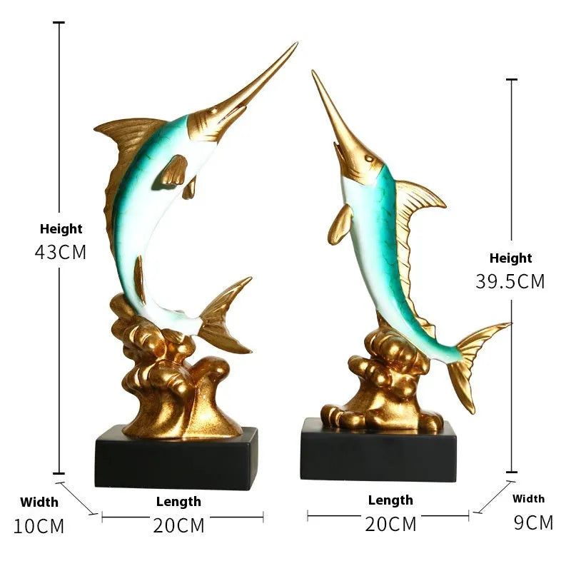 European swordfish resin and plastic decorative ornament in choice of colours on a shelf.