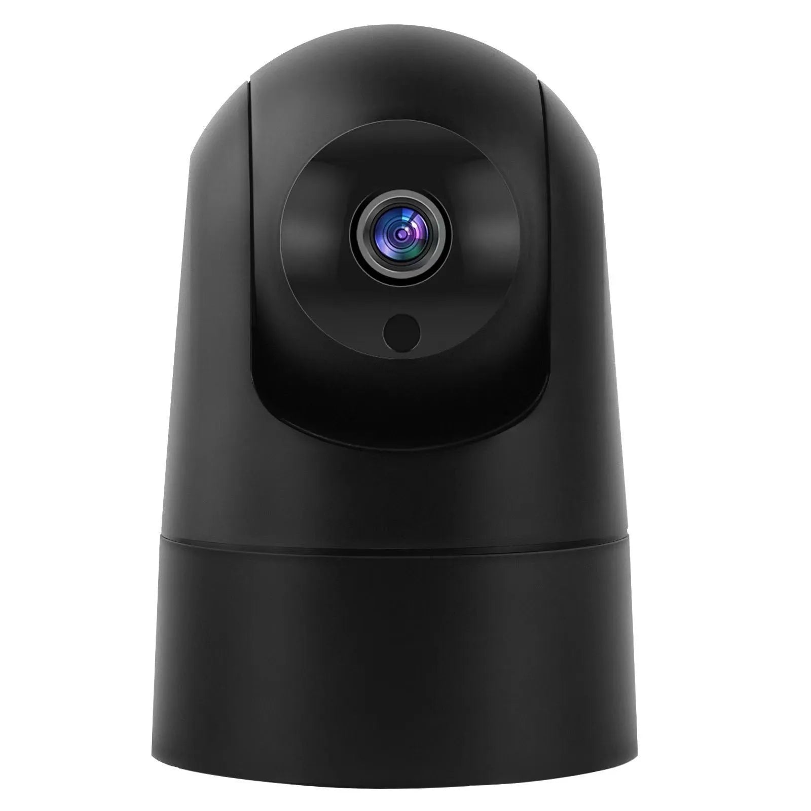 White indoor pan-tilt security camera with wide-angle lens on a desk.