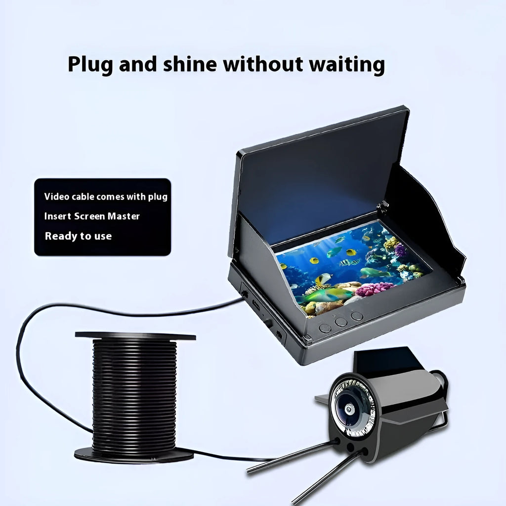 Fish finder underwater HD camera with 4.3-inch screen, temperature sensor, and long video cable.