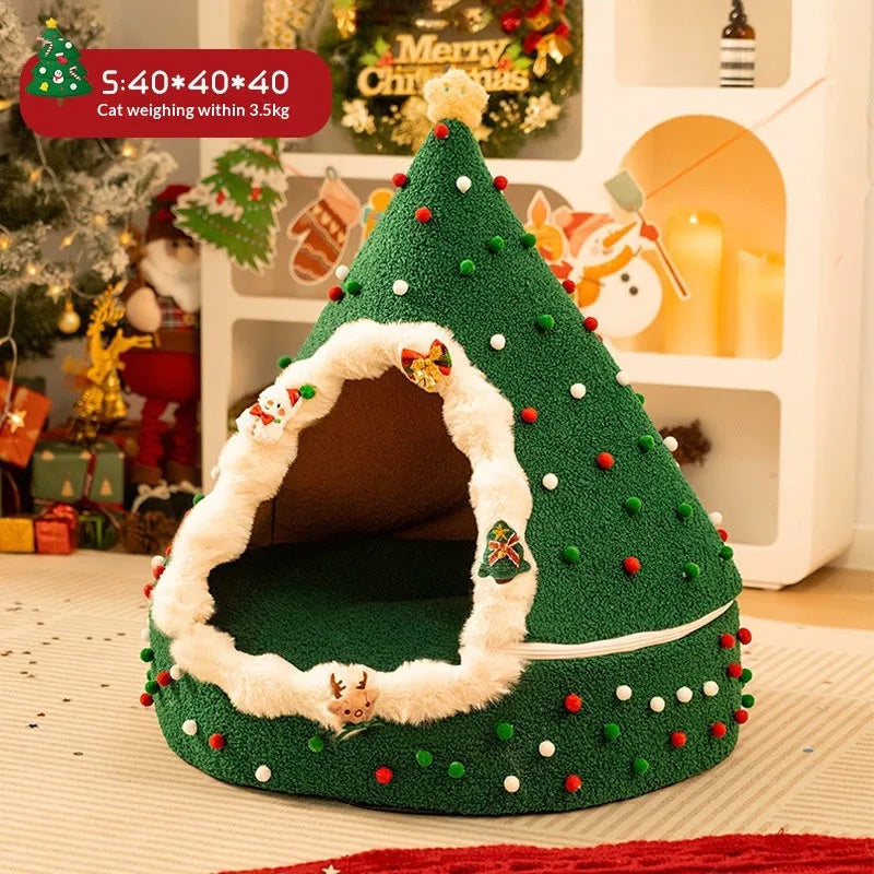 Closed plush Christmas tree cat nest in PP cotton with sizes S M L, cat pet bed