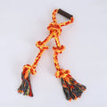 Blue and yellow woven cotton dog tug toy with ergonomic handle for large breed dogs.
