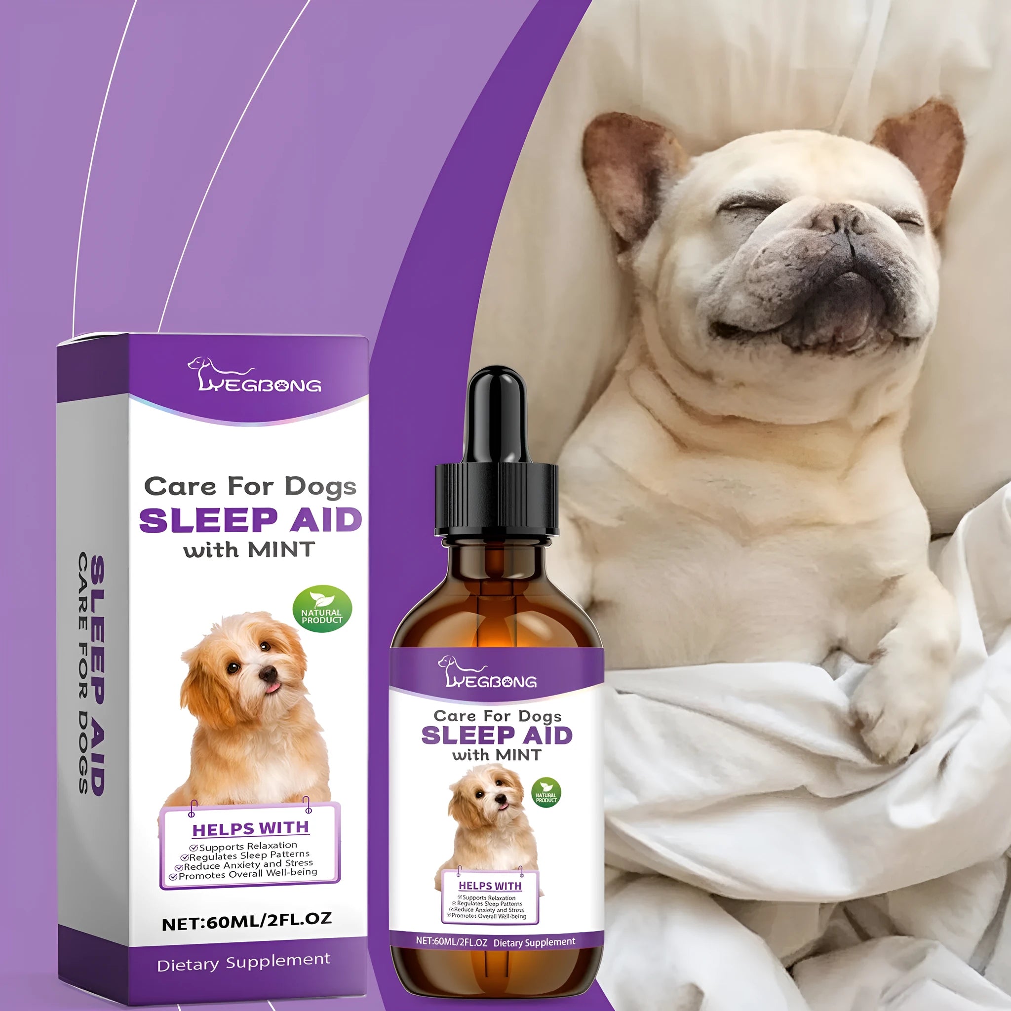 60ml bottle of Dog Sleep Drops for pets, measuring 3.3cm by 12cm.