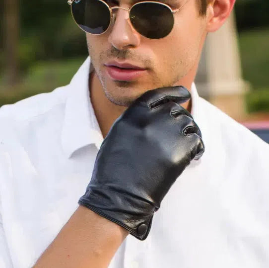 Black leather motorcycle riding gloves touch version unlined size L