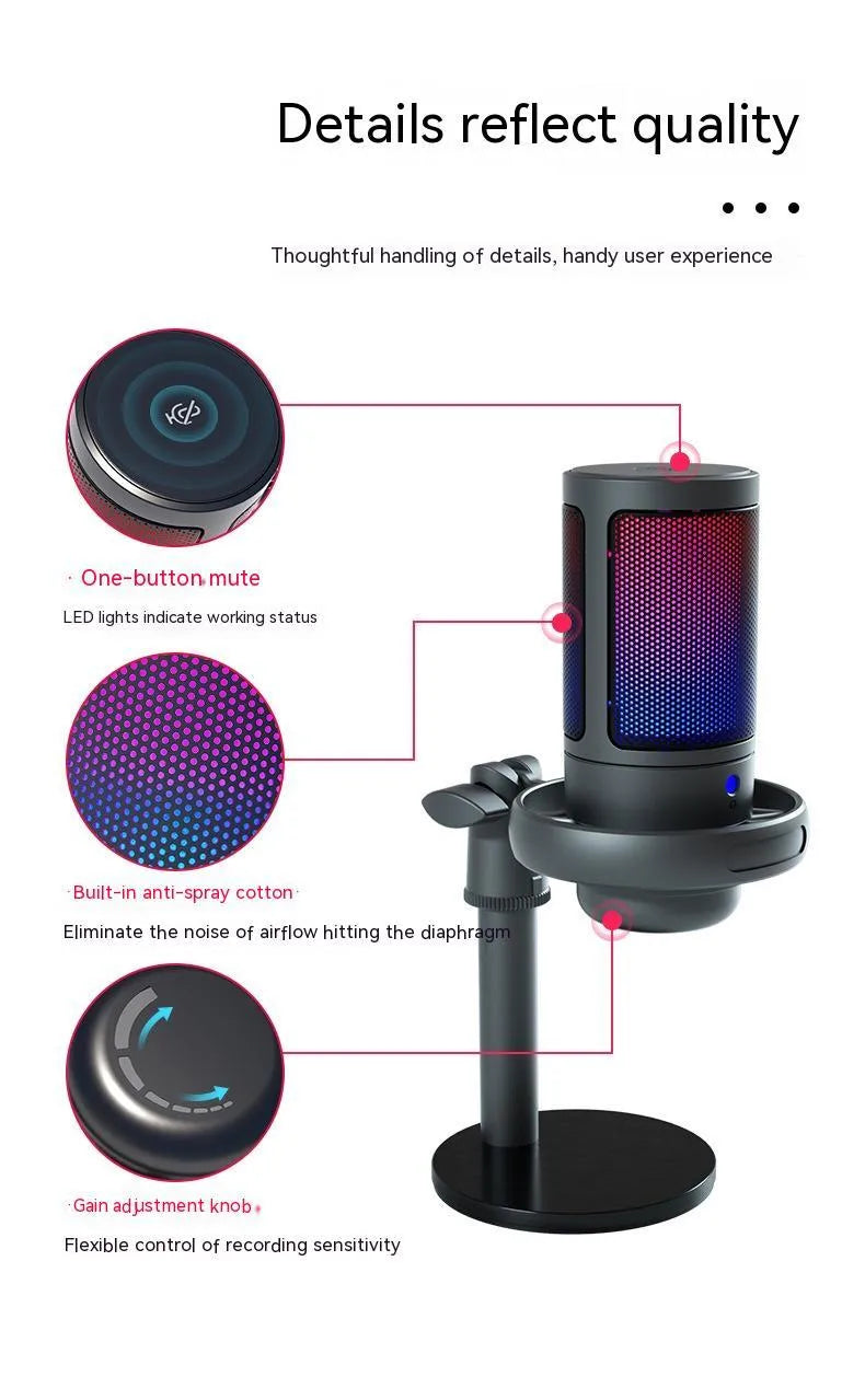 Condenser microphone with RGB lighting in black, white, or pink colours with USB cable