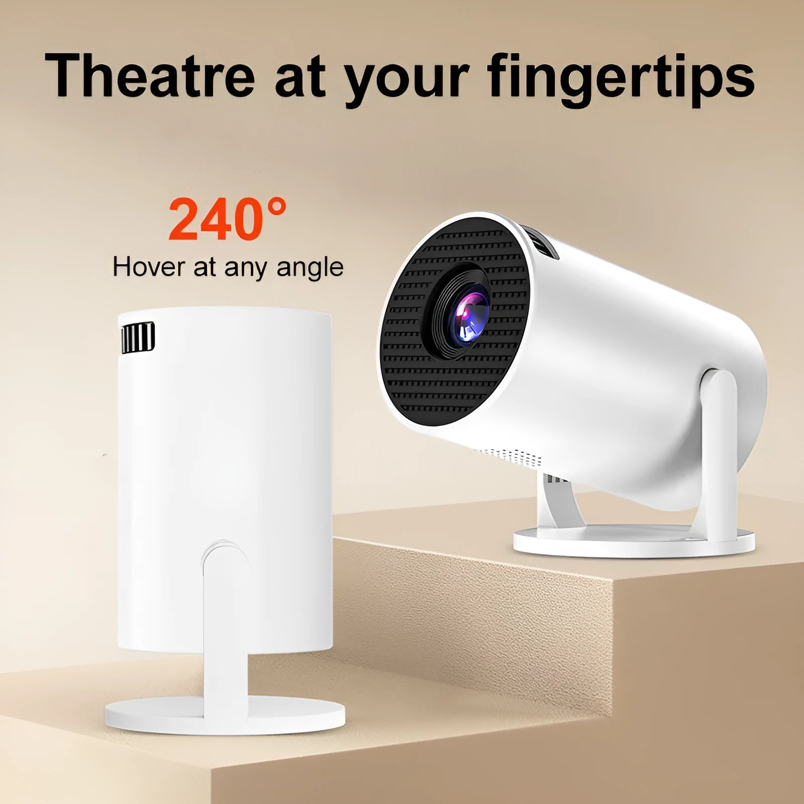 White mini wireless portable projector with 1080p HD resolution for home entertainment