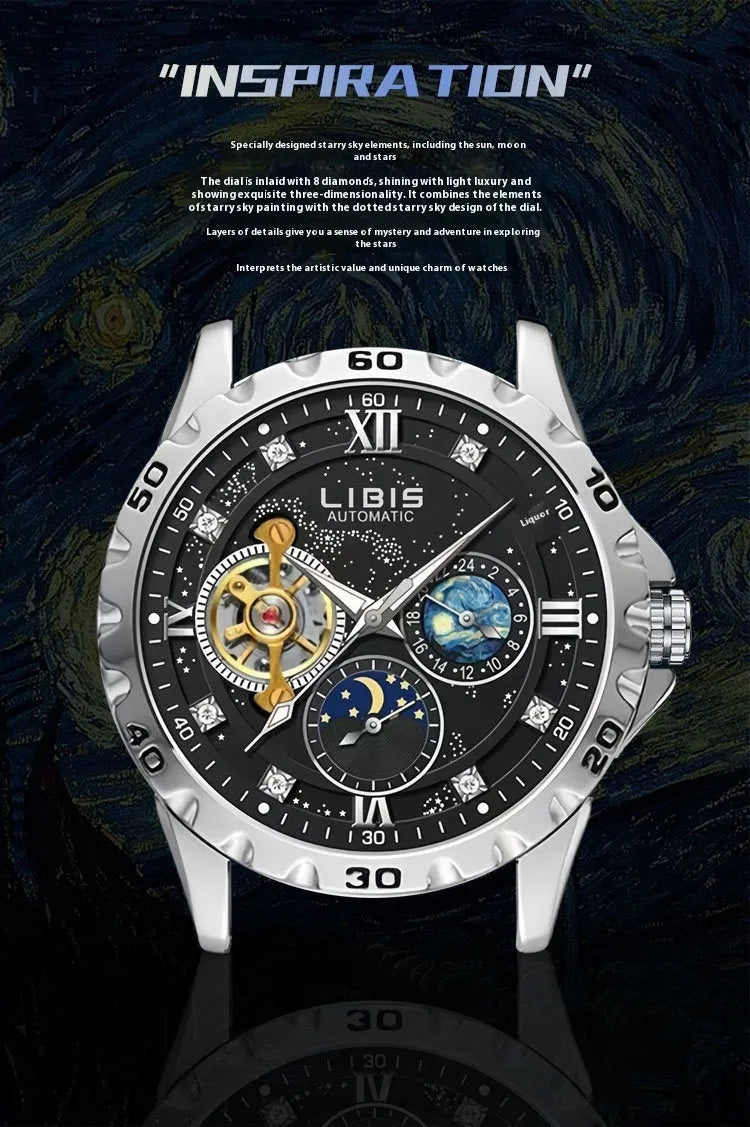 Men's silver case automatic mechanical watch with black leather strap and luminous display