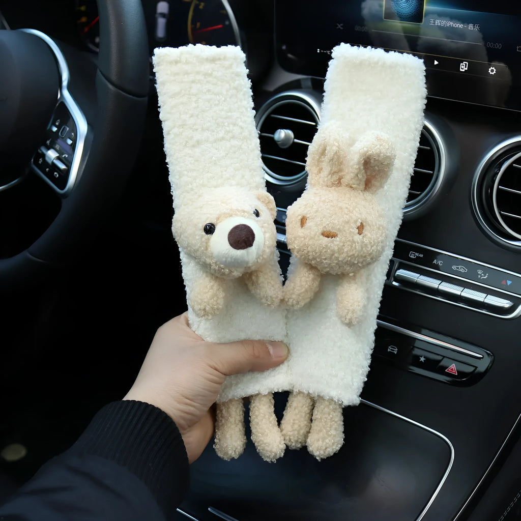 White lamb wool car seat belt shoulder protector with cartoon rabbit and bear designs