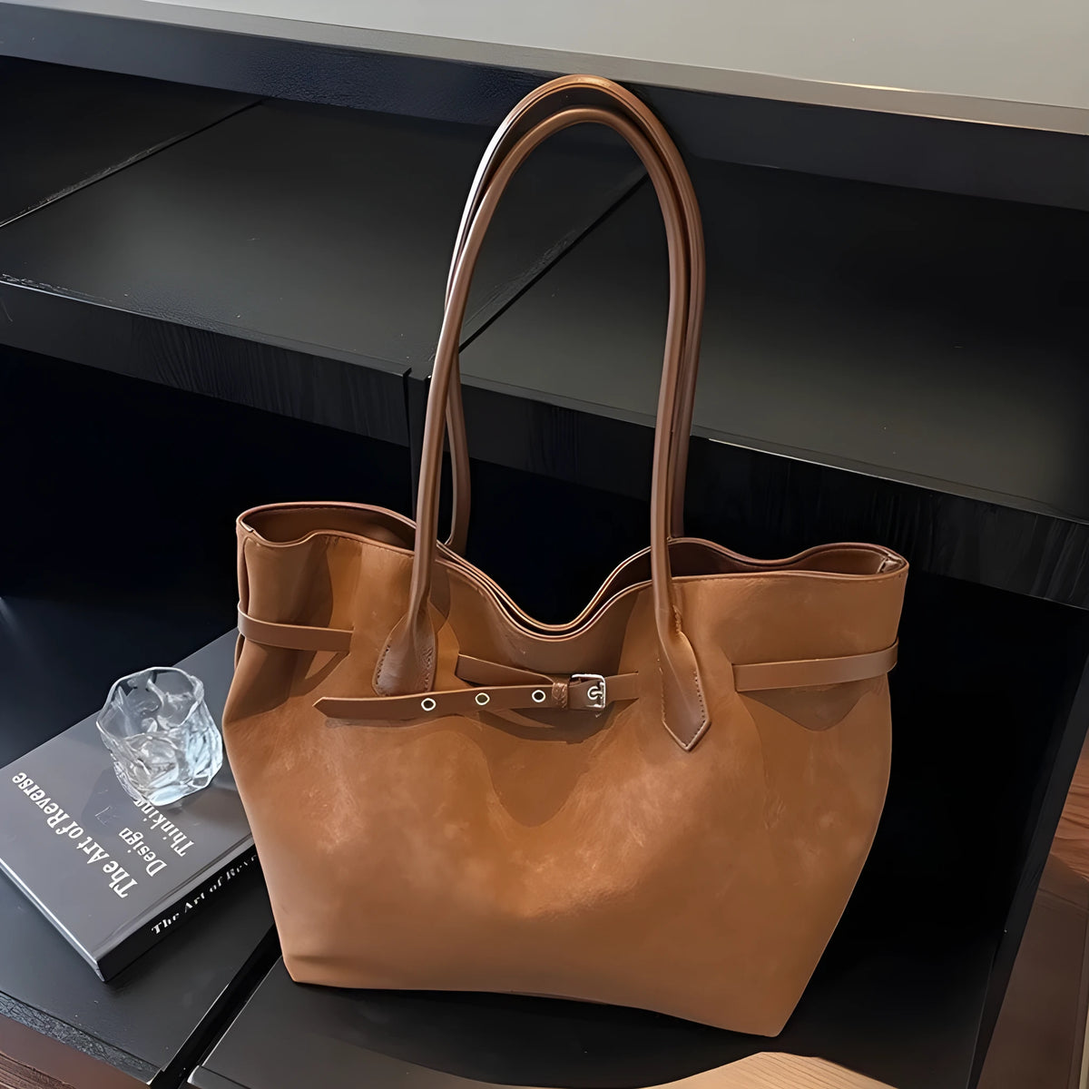 Retro large tote bag for women, deerskin velvet, 46x15x31cm, sandwich pocket, black green brown light brown colours