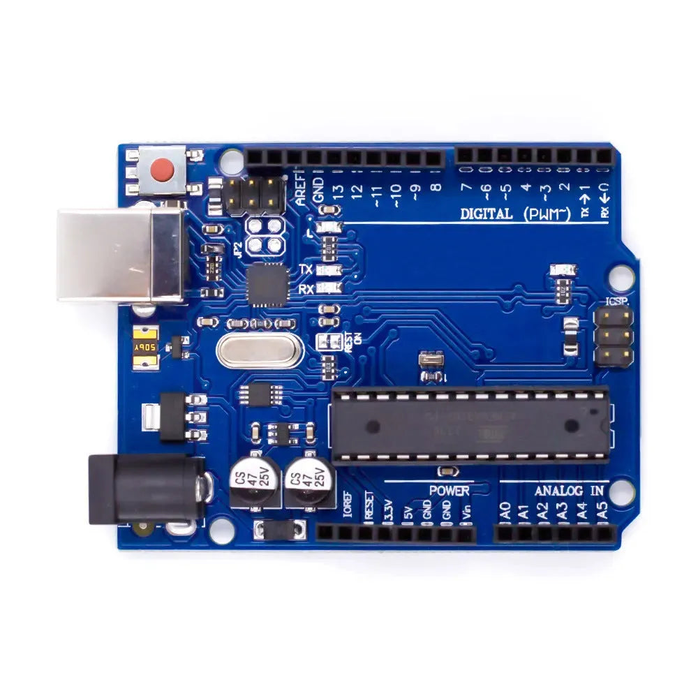 ATmega328P UNO R3 development board with USB cable for programming microcontroller projects