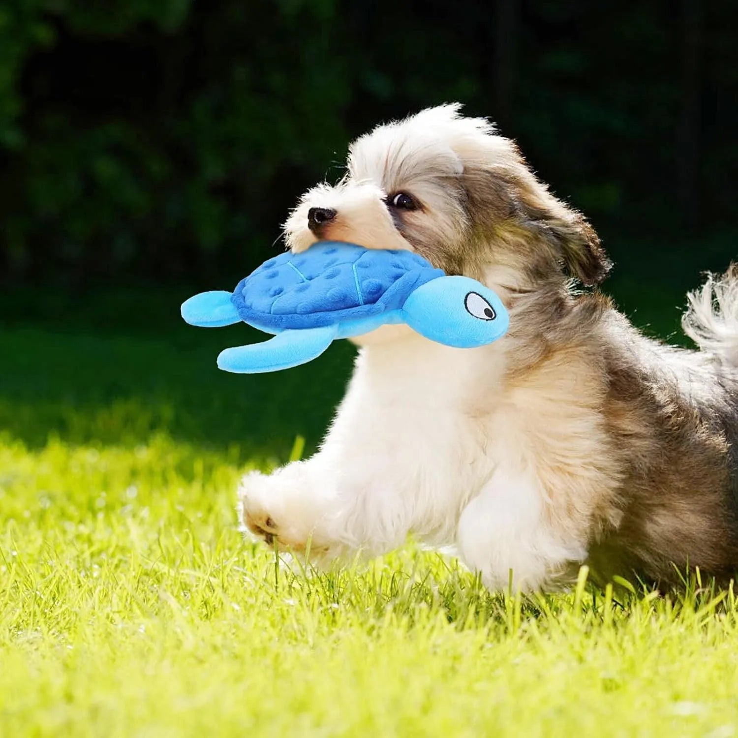 Blue sea turtle plush dog toy with composite mesh material and no stuffing