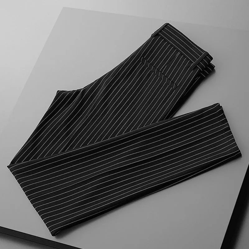 Men's thin striped loose suit pants in black and white, showing trousers style and crop jeans options