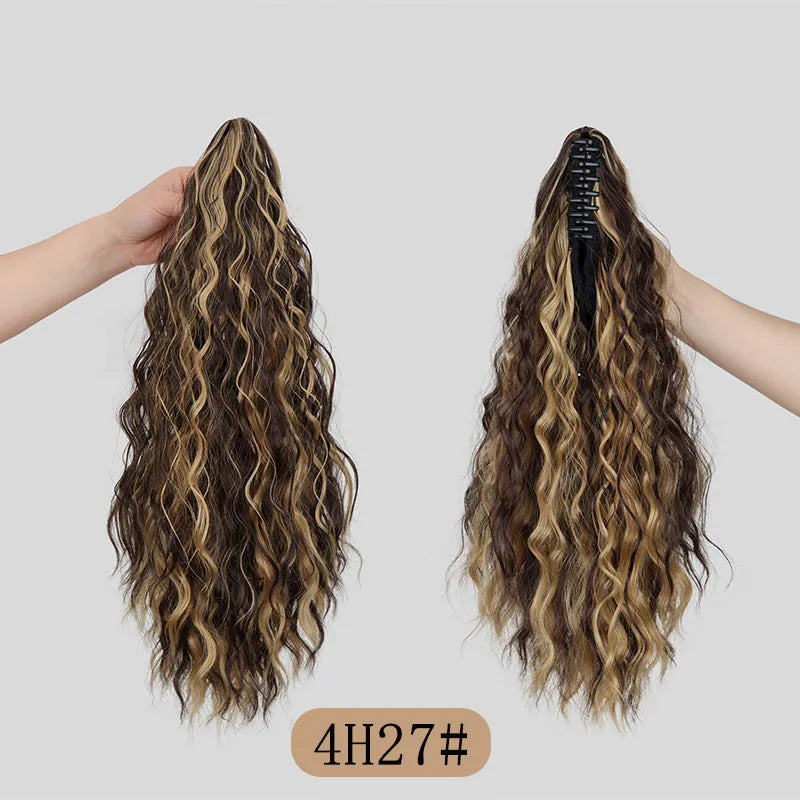Corn curler wig with water ripple grip ponytail in synthetic high temperature fibre, shown in colour 1B.