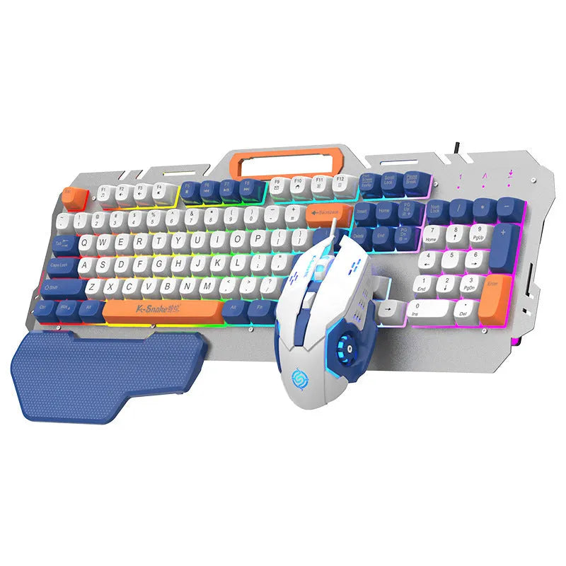 Blue wired gaming keyboard and mouse set with backlit keys on gaming desk
