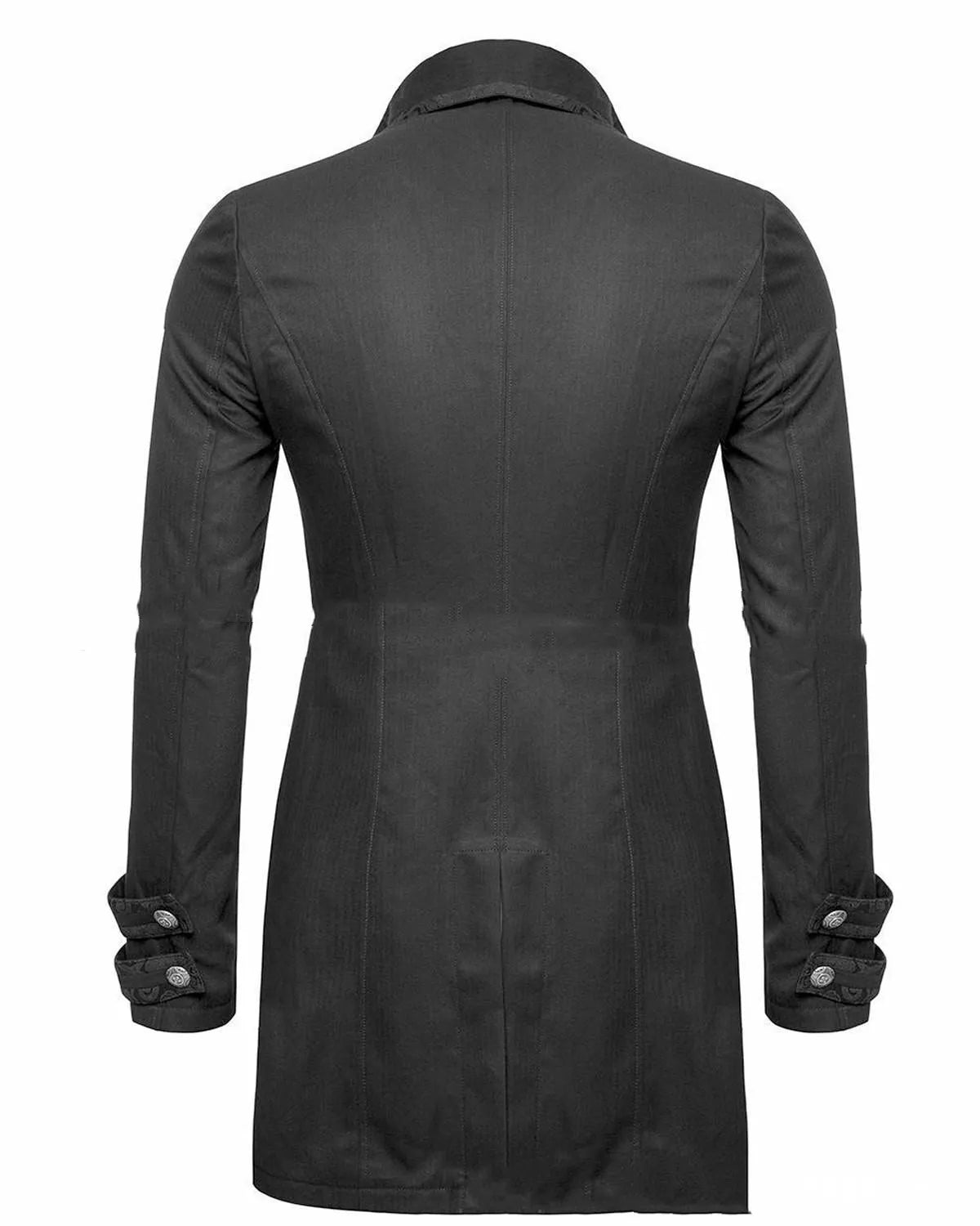 Black Victorian morning gown cosplay jacket with gothic styling for historical reenactment