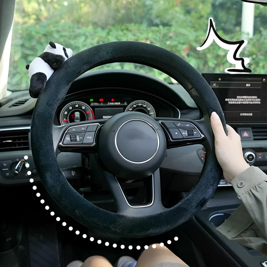 Black plush panda steering wheel cover and matching shoulder pad set for 38cm car wheels